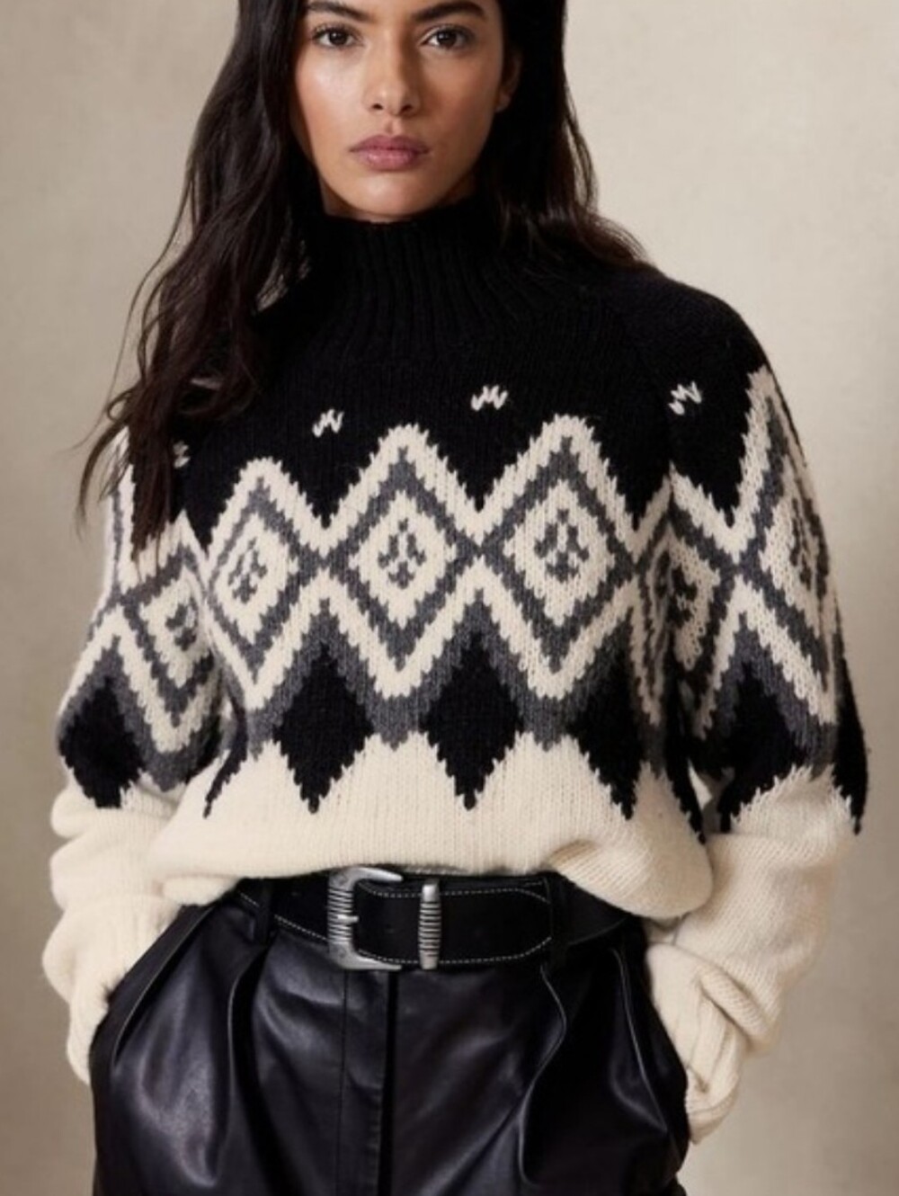 Banana Republic Skye Chunky Black Cream Fair Isle Sweater Merino Wool Alpaca